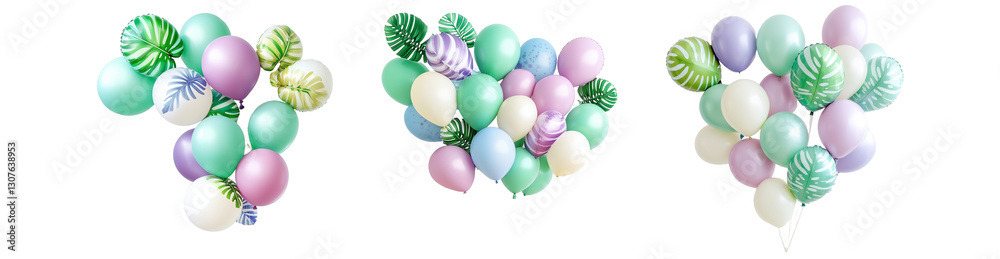 Green and pastel balloon bouquet isolated on white background elegant party decoration floating helium balloons for wedding baby shower celebration Green and pastel balloon bouquet isolated on white background elegant party decoration floating helium balloons for wedding baby shower celebration