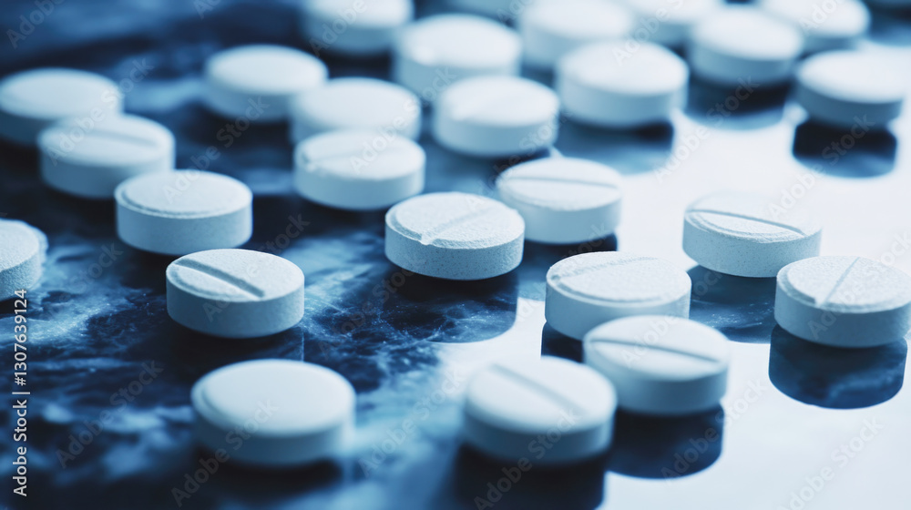 White pills on reflective surface: medication and pharmaceutical concept White pills on reflective surface: medication and pharmaceutical concept