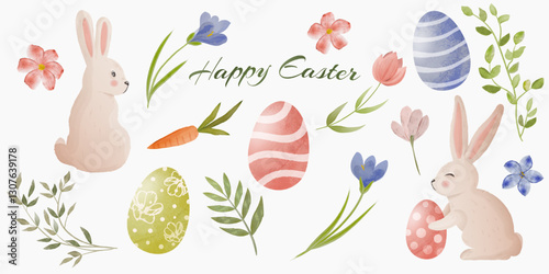 Charming watercolor Easter elements set featuring cute bunnies, decorated eggs, flowers, and greenery in soft pastel tones. Perfect for greeting cards, scrapbooking, digital designs, and fes