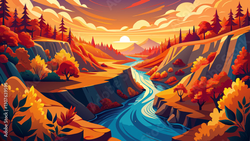 Behold resplendent spectacle of a ravine adorned in captivating hues of autumn, as fiery foliage dances in harmony with sinuous river, bearing witness 