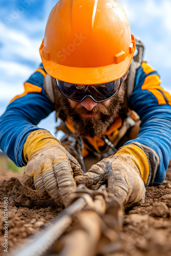 Construction worker pulling cable uphill in dirt, blue sky background, for safety or engineering content