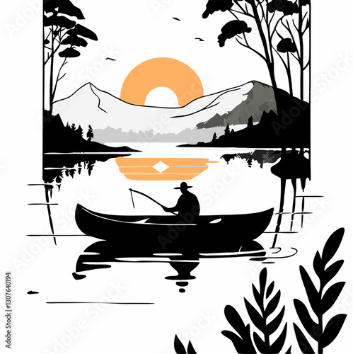 Serene Canoeing Adventure, Angler on Calm Lake at Sunset with Majestic Mountains, Pine Trees, and Tranquil Reflections in a Scenic Wilderness Setting
