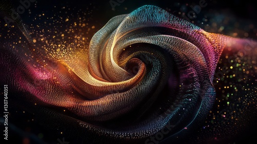 Abstract digital swirl with vibrant colors and glitter, forming an elegant spiral pattern on a dark background. This visual representation symbolizes creativity, innovation, or artistic expression.