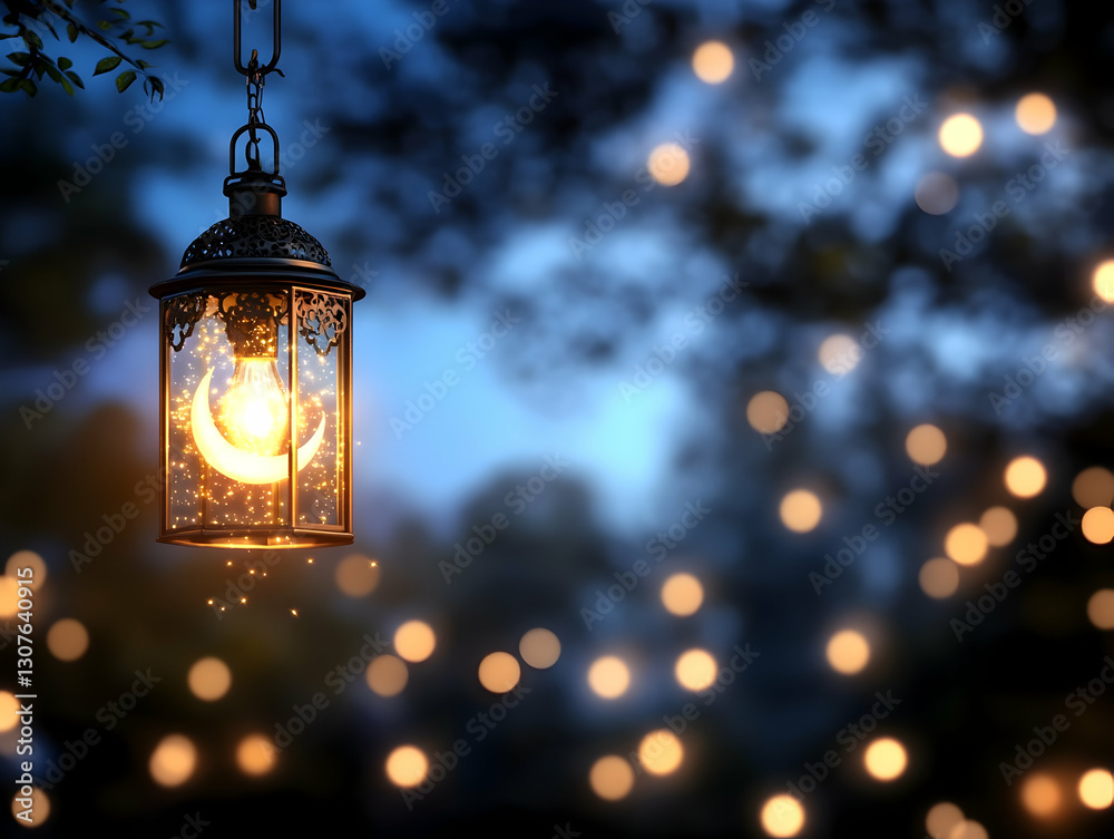 Illuminated Ramadan lantern hanging outdoors at night, bokeh lights in background; ideal for greeting cards or social media posts Illuminated Ramadan lantern hanging outdoors at night, bokeh lights in background; ideal for greeting cards or social media posts
