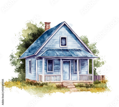 Charming Blue Cottage Watercolor Illustration