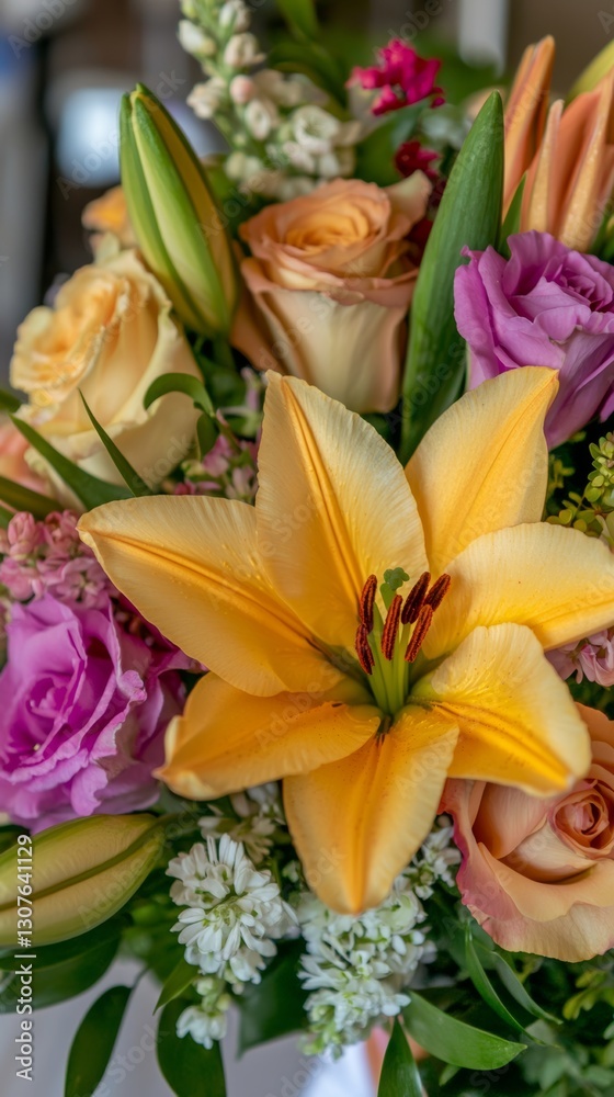 Fototapeta premium Vibrant mixed flower bouquet including lilies, roses, and lush greenery.