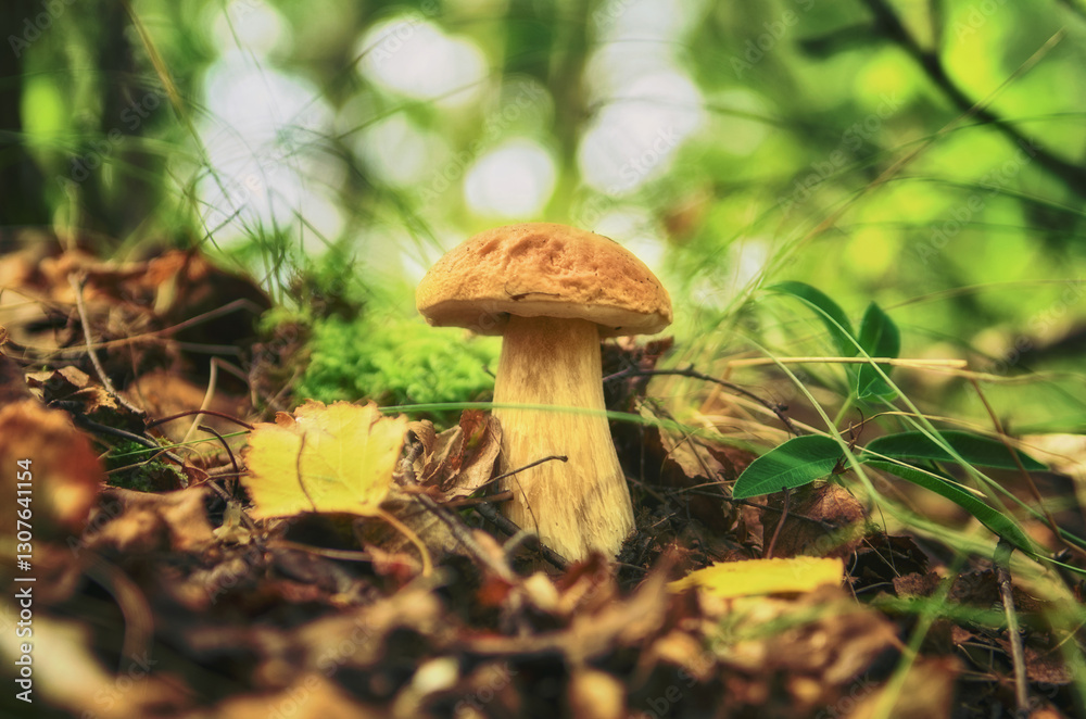 A white mushroom grows in the grass, close-up view. A white mushroom grows in the grass, close-up view.