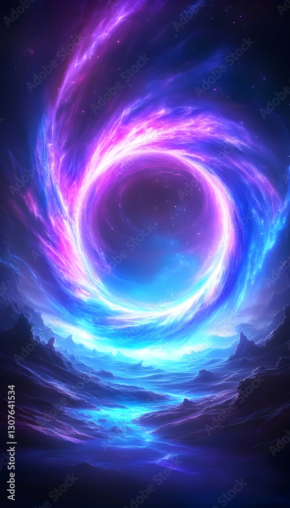 Obraz premium Cosmic Vortex Celestial swirl above a mystical landscape, ideal for fantasy backgrounds