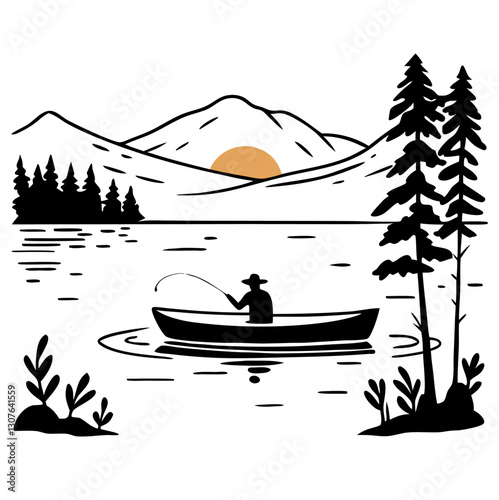 Serene Canoeing Adventure, Angler on Calm Lake at Sunset with Majestic Mountains, Pine Trees, and Tranquil Reflections in a Scenic Wilderness Setting