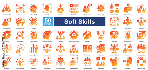 Soft Skills icon set in glyph gradient style, featuring 50 icons of communication, leadership, adaptability, and teamwork. Perfect for HR, personal development, and career growth.