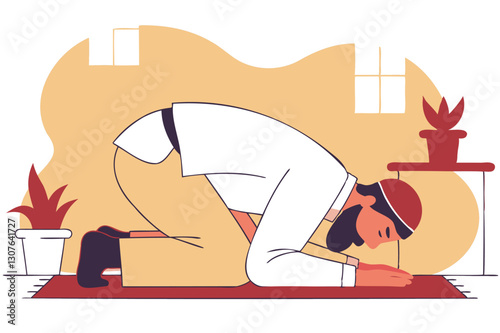 Muslim man praying, vector illustration, islamic worship, salah position, spiritual devotion, religious art, muslim culture, prayer rug, faith illustration