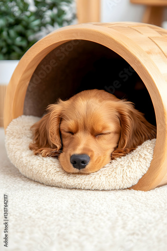 Cozy Cocker Spaniel naps in wooden pet bed on carpet photo