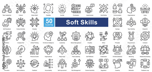 Soft Skills icon set in lineal style, featuring 50 icons of communication, leadership, adaptability, and teamwork. Perfect for HR, personal development, and career growth.