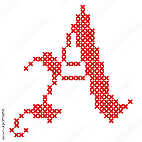 Creative cross-stitch letter A design, red pattern on white background
