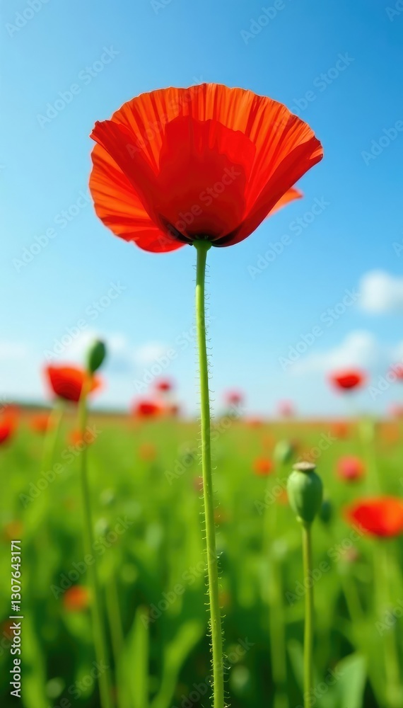 Large isolated poppy flower in a green meadow against blue sky background, nature, red, field Large isolated poppy flower in a green meadow against blue sky background, nature, red, field