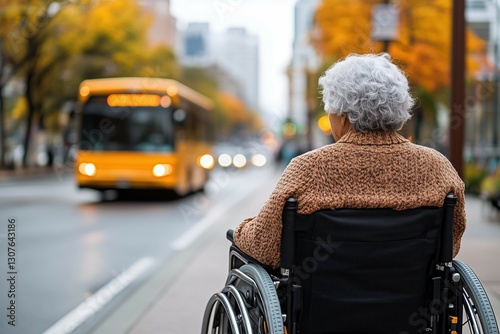 Elderly caucasian female in wheelchair waiting for bus on city street in autumn