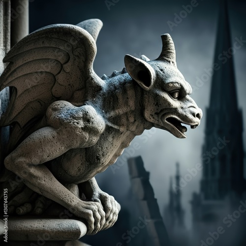 Gothic gargoyle statue with city skyline background at night