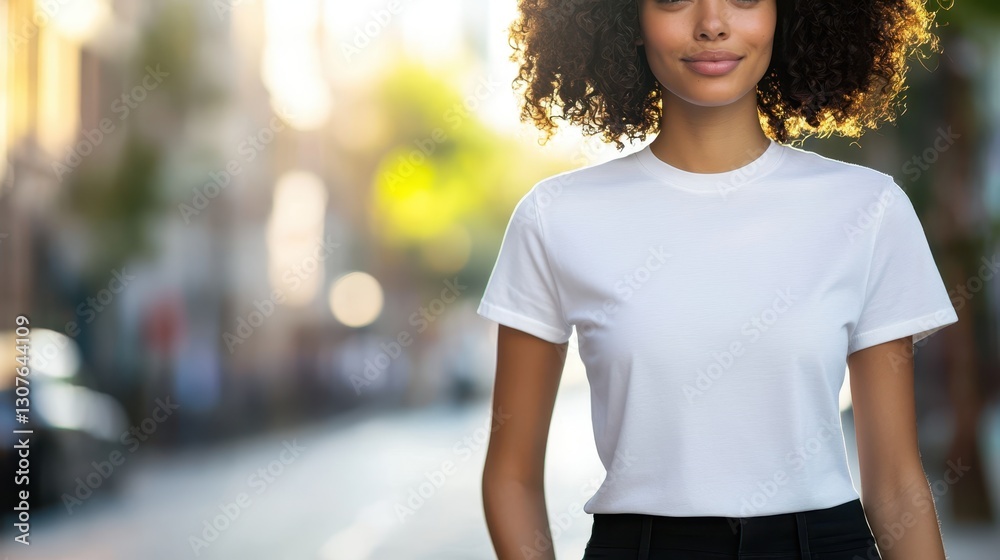 White Tee Simplicity. Confident Woman in Casual Style Embracing Urban Daylife White Tee Simplicity. Confident Woman in Casual Style Embracing Urban Daylife