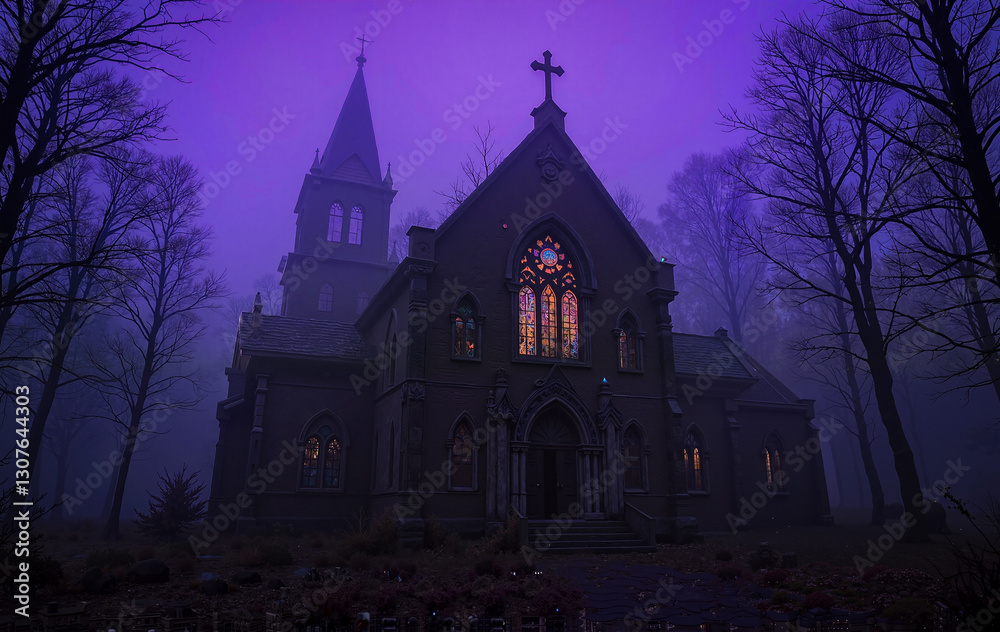 Eerie abandoned church in a purple fog with illuminated stained glass windows Eerie abandoned church in a purple fog with illuminated stained glass windows