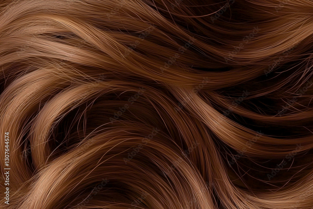 Fototapeta premium Shiny brown hair curly. Beautiful chestnut wave hairstyle, macro closeup of smooth silky woman hair, fashion haircare concept