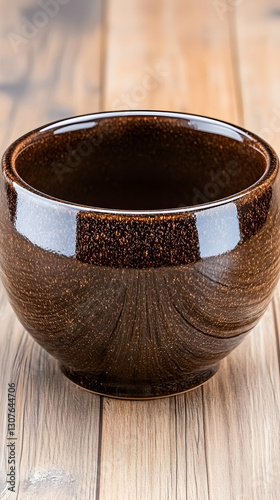 Dark brown ceramic bowl on wooden surface; rustic kitchenware for serving or display