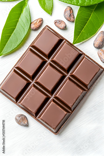 Dark Chocolate Bar, Cocoa Beans & Leaves, White Background; Food Photography for Packaging