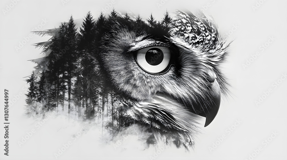Obraz premium Black and white owl face with a foggy forest background tattoo design 