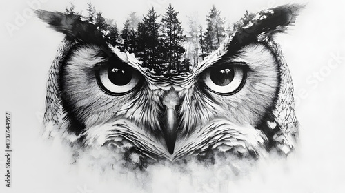 Black and white owl face with a foggy forest background tattoo design
