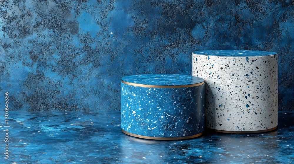 Elegant blue and white speckled cylinders subtly arranged against a textured blue backdrop. AI Generated Elegant blue and white speckled cylinders subtly arranged against a textured blue backdrop. AI Generated