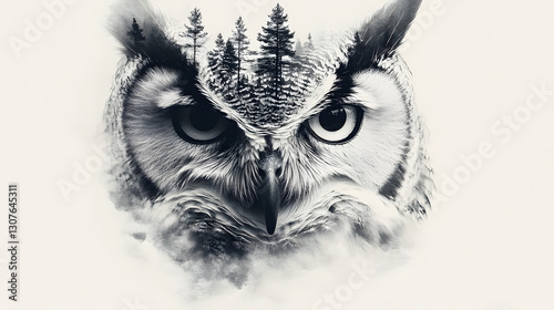 Black and white owl face with a foggy forest background tattoo design
