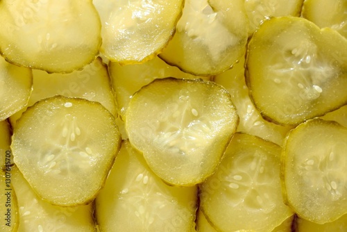 macro shot slices of pickled cucumbers top view