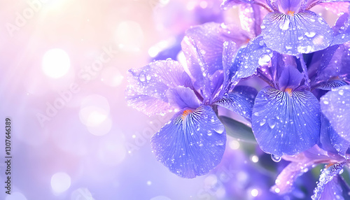 Dew-kissed irises bloom, soft bokeh background; ideal for spring greeting cards or websites