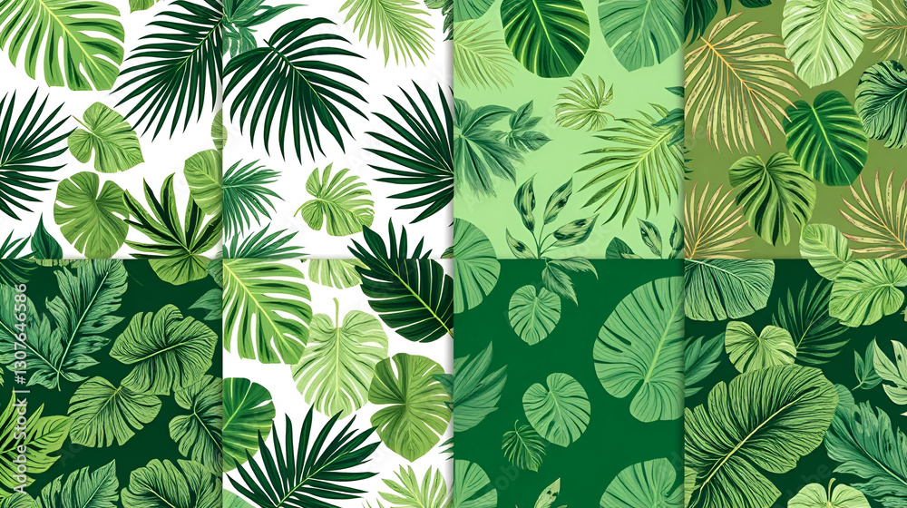 set of seamless tropical patterns of hand-drawn palm and monstera deliciosa leaves set of seamless tropical patterns of hand-drawn palm and monstera deliciosa leaves
