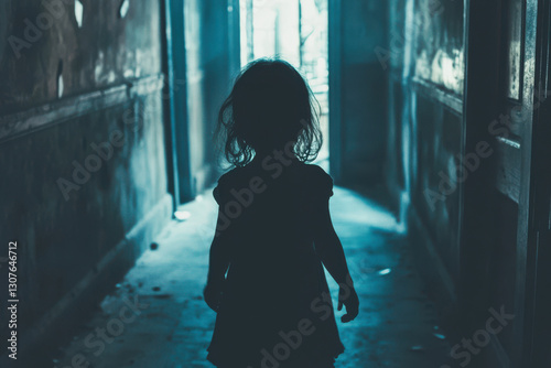 A young girl experiencing fear while navigating a dark, unfamiliar hallway, apprehension photo