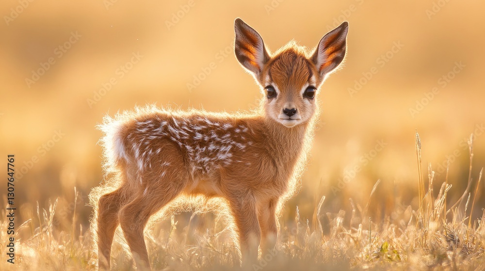 A baby pronghorn antelope standing in the golden prairie, its large dark eyes full of curiosity A baby pronghorn antelope standing in the golden prairie, its large dark eyes full of curiosity
