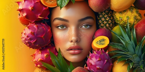 Fototapeta Naklejka Na Ścianę i Meble -  luxurious and rich tropical fruit-inspired beauty portrait of a woman surrounded by pineapples, dragon fruits