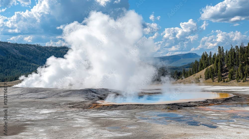 Evocative Geothermal Pool. Steam, Landscape, and Sky Scenery with Clear Sky