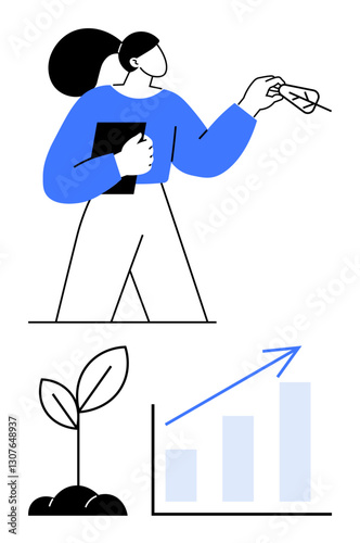 Woman passing a plant leaf while holding a tablet, symbolizing collaboration, growth, sustainability, progress. Ideal for teamwork, leadership, development, innovation environment strategy