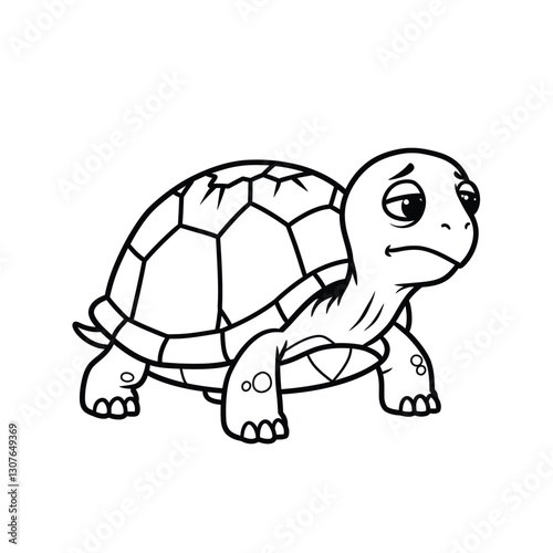 Funny Clumsy Turtle with Cracked Shell - Black and White Vector Cartoon