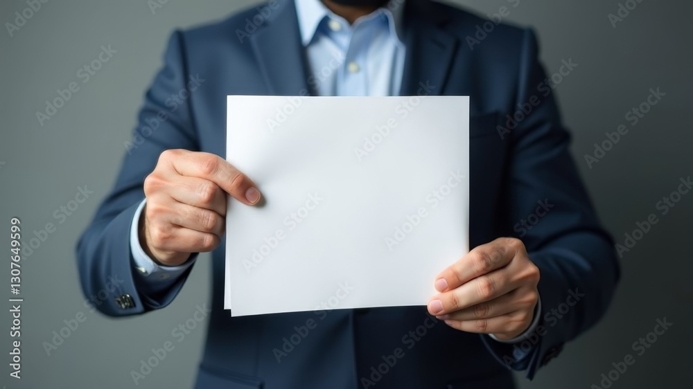 a man in a suit holds a white sheet of paper in front of him with text a man in a suit holds a white sheet of paper in front of him with text