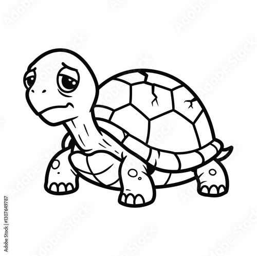 Funny Clumsy Turtle with Cracked Shell - Black and White Vector Cartoon