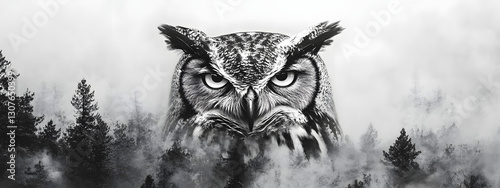Black and white owl face with a foggy forest background tattoo design
