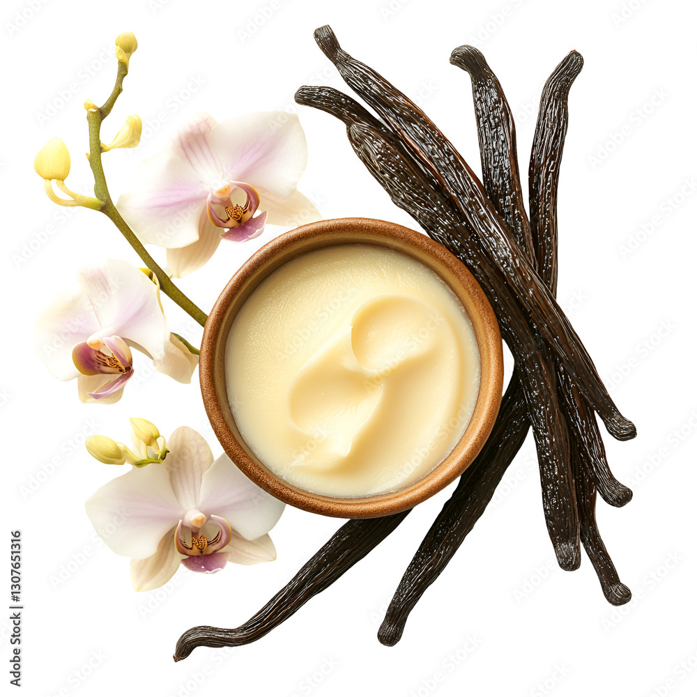 Fototapeta premium Vanilla Cream Beauty Product Orchid and Beans