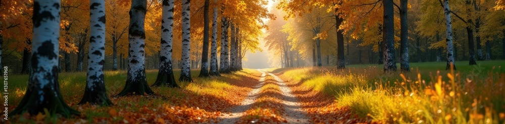 Fototapeta premium Pathway between birch trees with fallen leaves, fading daylight, woodland trail, nature walk