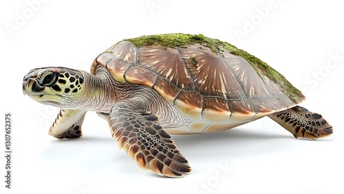 A turtle with a moss-covered shell, showcasing its intricate patterns and textures in a natural pose. Concept Turtle Photography, Nature Textures, Mossy Shell Patterns, Wildlife Portraits