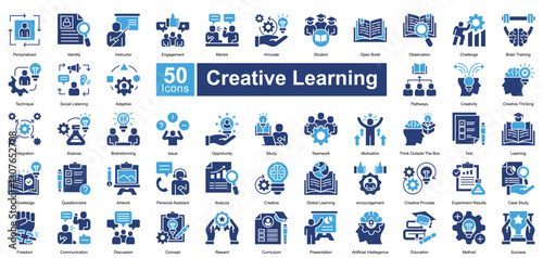 Creative Learning icon set in two color style, featuring 50 icons of innovation, education, brainstorming, and problem solving. Perfect for e learning, teaching, and personal development.