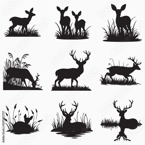 Collection of Graphic black silhouettes of wild deers male, female, and roe deer. Graphic black silhouettes of wild deers – male, female and roe deer