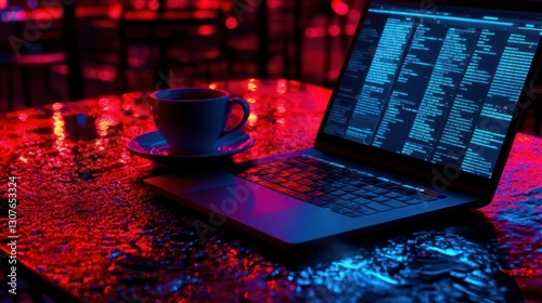 Laptop Displaying Code with Coffee Cup in Neon Light. Coding Session with Night Vibe