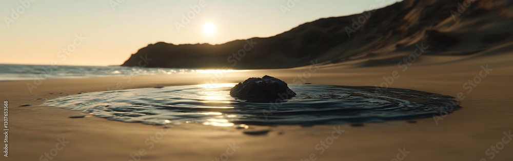 Obraz premium Coastal serenity: A tranquil beach scene at sunset with a solitary rock