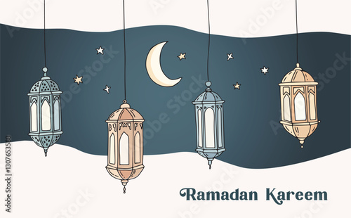 Hanging ramadan lantern lights garland. Crescent moon, stars. Ramadan greeting card invitation design vector element illustration. Eid mubarak banner. Sketch hand drawing style background.